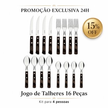 Kit 01 Tramontina Poliwood Castanho - jogo de talheres 16 peças